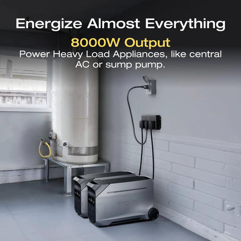 Straight Up Heavy Duty Portable Power Bundle Comes With Dual Delta Pro Three Battery Packs Wired Through Fifty Amp Hub For Rock Solid Emergency Backup Generator Setup showcases two silver portable power units connected to a wall socket.