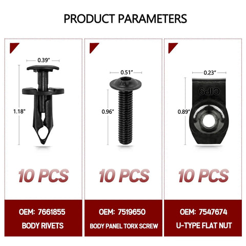 Polaris Ranger RZR Body Panel Screw Kit Replacement With M6 Torx Screws U Type Flat Nuts Plastic Rivets dimensions