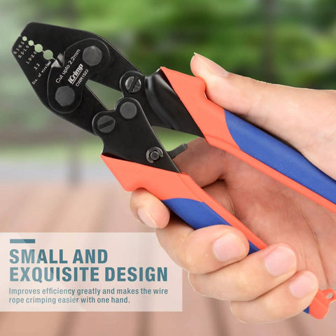 Pro Grade Heavy Duty Wire Rope Crimp Tool For Aluminum Ferrules 0.1-0.5mm 0.5-1.0mm 1.0-2.0mm 2.2mm 6.8 Inch With Four Cavities Crimp Cutter For Railings Decking Picture Hanging Double Barrel Ferrules Rust Resistant CrMo Steel, hand-held
