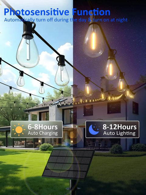 50 Foot Solar String Lights Outdoor Waterproof With 18 Plus 1 LED Bulbs Dual Power Solar USB Back Up installed on patio