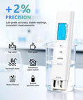Six In One Smart Water Tester For Drinking Water With App Monitoring Digital Water Testing Kit in a glass beaker showing display