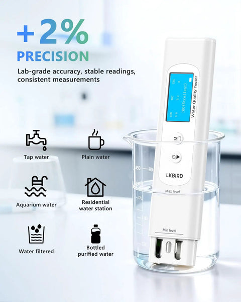 Six In One Smart Water Tester For Drinking Water With App Monitoring Digital Water Testing Kit in a glass beaker showing display
