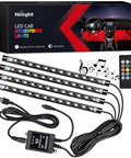 Multicolor Music LED Car Interior Strip Lights Kit With Sound Active Rhythm USB Powered Under Dash Ambient Lighting Wireless Remote Control 4 Piece Set Easy Install 2 Year Warranty shown with box, remote, and strips
