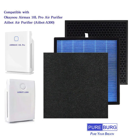 Replacement Filter Set For Okaysou Airmax 10L Pro Aiibot A300 And SimPure HP3 A Air Purifier 4 Stage H13 True HEPA Filtration With Carbon Pre Filters 2 Pack Quick Install Keeps Home Air Fresh And Clean shown with compatible air purifiers and filters