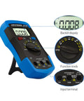Essential Digital Multimeter For DIYers And Pro Techs With TRMS 4000 Counts showing backlit display, function knob, input terminal