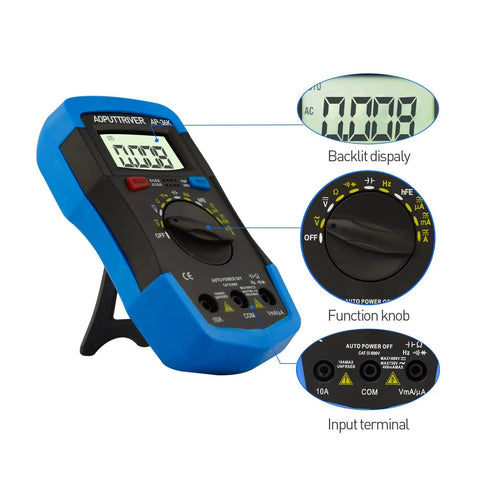 Essential Digital Multimeter For DIYers And Pro Techs With TRMS 4000 Counts showing backlit display, function knob, input terminal