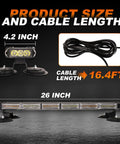 Image of a 26 Inch 126 LED Rooftop Emergency Strobe Light Bar with dual side flashing, showing product size and 16.4ft cable length.