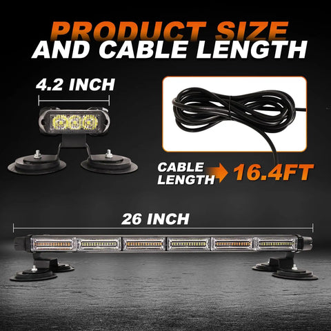 Image of a 26 Inch 126 LED Rooftop Emergency Strobe Light Bar with dual side flashing, showing product size and 16.4ft cable length.