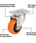 Heavy Duty 3 Inch Caster Wheels Set Of 4 With 2 Swivel And 2 Rigid Ball Bearing Casters showcasing thickened steel frame and polyurethane wheel.