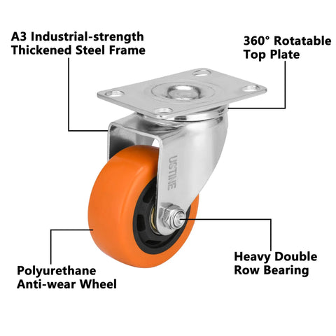 Heavy Duty 3 Inch Caster Wheels Set Of 4 With 2 Swivel And 2 Rigid Ball Bearing Casters showcasing thickened steel frame and polyurethane wheel.