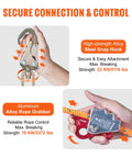 Heavy Duty Steel Core Arborist Flipline Half Inch By Twelve Foot Tree Climbing Rope With Alloy Steel Snap Hook Aluminum Carabiner Pro Grade Fall Protection ANSI Compliant showing steel snap hook and rope grabber
