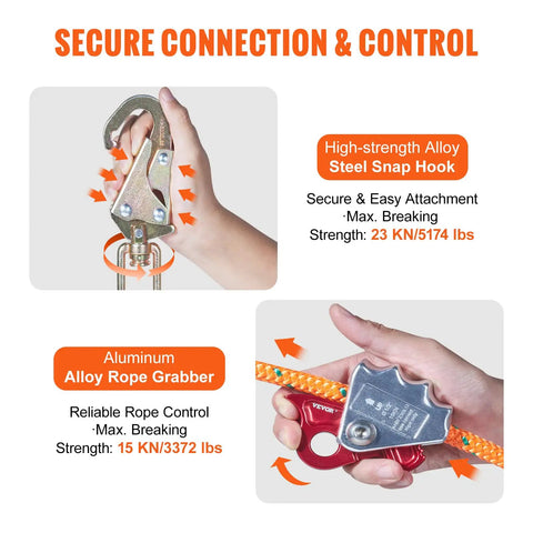 Heavy Duty Steel Core Arborist Flipline Half Inch By Twelve Foot Tree Climbing Rope With Alloy Steel Snap Hook Aluminum Carabiner Pro Grade Fall Protection ANSI Compliant showing steel snap hook and rope grabber