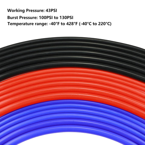 Silicone vacuum tubing hose, 5 ft, 1/4 in ID (6 mm), high-temperature; black, red, and blue coils