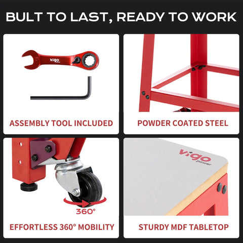 Heavy Duty Rolling Tool Platform With Smooth Glide Casters Universal Mobile Work Bench Stand For Drill Press And Miter Saw Setup Up To Seven Hundred Pounds Capacity Garage Shop Dog Upgrade, featuring assembly tools and sturdy powder-coated steel frame.