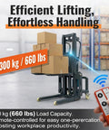 Dope 661 Lbs Electric Pallet Stacker With Adjustable Forks And Remote Control lifting boxes, showcasing remote operation and 661 lb capacity.