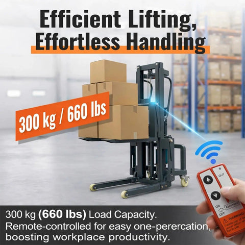 Dope 661 Lbs Electric Pallet Stacker With Adjustable Forks And Remote Control lifting boxes, showcasing remote operation and 661 lb capacity.