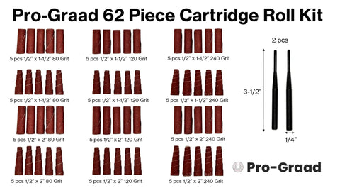 62 Piece Abrasive Spiral Roll Sander Kit with cone and cylinder shapes shown in 80, 120, 240 grit for metal, wood, engine porting.