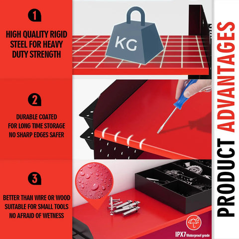 Power Tool Rack With Adjustable Height Wall Mount Red Tool Storage Organizer For Pegboard And Side Mount Garage, Heavy Duty 280 Lbs Capacity, Laser Welded Steel Construction With Abrasive Powder Coat Finish, showcasing product advantages with durable coated surface, high load capacity, waterproof durability.