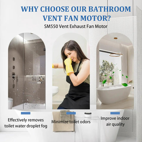 Universal Bathroom Vent Fan Motor Replacement Kit 50 CFM 120V Includes Plug And Play Motor And Blower Wheel For Nutone Broan Exhaust Fans Easy Install UL Certified Pro shown improving shower, minimizing odors, and enhancing air quality.