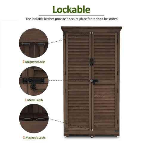 Outdoor Storage Cabinet For Yard And Patio, Tall 63 Inch Wooden Garden Shed With Lockers, lockable brown cabinet detail