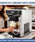 Woman using ice cream machine with parts shown; Soft Serve Ice Cream Machine Parts Kit 15-Piece Replacement Set With Gaskets O-Rings And Seals For Vevor And YIKAFU Ice Cream Makers, Pro Grade Accessories To Keep Your Machine Running Smoothly And Ready To Roll displayed.