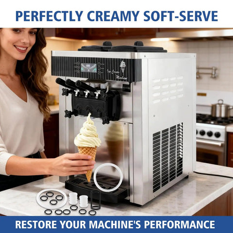 Woman using ice cream machine with parts shown; Soft Serve Ice Cream Machine Parts Kit 15-Piece Replacement Set With Gaskets O-Rings And Seals For Vevor And YIKAFU Ice Cream Makers, Pro Grade Accessories To Keep Your Machine Running Smoothly And Ready To Roll displayed.