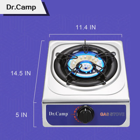 Top view of a silver 12000 BTU Propane Camping Stove With Auto Ignition For Outdoor Cooking Griddle Ready Cooker, dimensions shown.