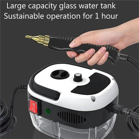 Heavy Duty 2500W Handheld Steam Cleaner For Kitchens And Floors with glass water tank and pressurized vapor nozzle.