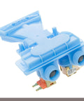 Blue GE washer water inlet valve assembly with dual ports and two solenoid coils