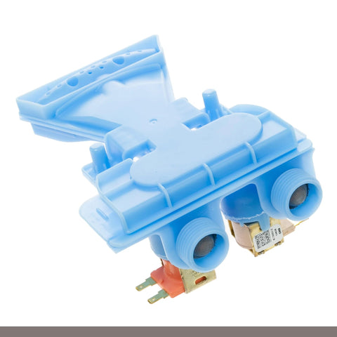 Blue GE washer water inlet valve assembly with dual ports and two solenoid coils