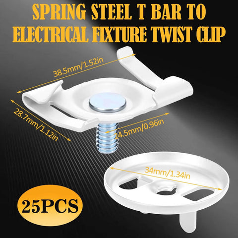 Easy Install Twist Clip For Electrical Fixtures With Wing Nut, White Spring Steel Mounting Clip For 15 16 Inch T Grid Drop Ceilings, No Drill Required, T Bar Ceiling Bracket, 25 Pack displayed with measurements and details.