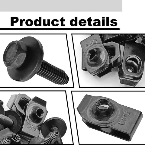 Heavy Duty M8-1.25 Body Bolts and Extruded U Nut Kit for Auto Body Repairs with close-up of bolts and U nuts