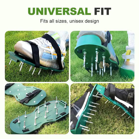 Walk And Aerate Your Yard In Minutes With Heavy Duty Lawn Aerator Shoes 26 Steel Spikes Adjustable Straps For A Universal Fit Mens 6 To 14 Durable DIY Lawn Care Gear For Grass Garden And Patio Soil No Machines Needed in use across grass with adjustable straps and steel spikes