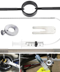 Motorcycle Fork Service Kit with Oil Level Tool Fork Spring Compressor and Damper Rod Bleed Tool laid out with syringe included