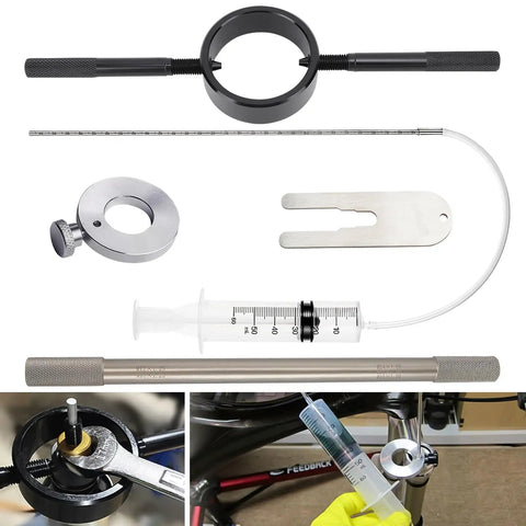 Motorcycle Fork Service Kit with Oil Level Tool Fork Spring Compressor and Damper Rod Bleed Tool laid out with syringe included