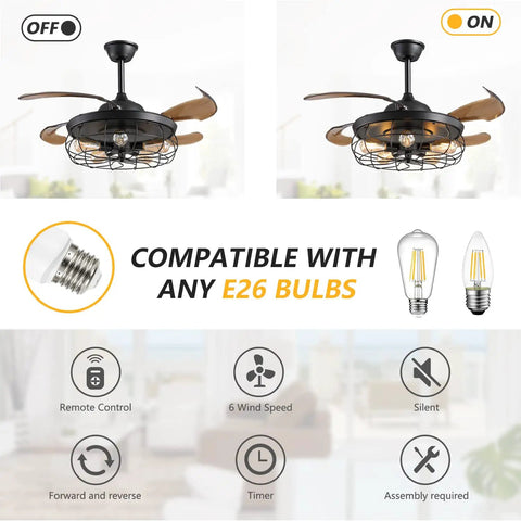 42 Inch Slick Industrial Retractable Ceiling Fan With Lights And Remote Retro Black Cage Chandelier Style Fandelier for farmhouse bedroom and living room quiet powerful motor easy remote control with E26 bulb compatibility and control icons