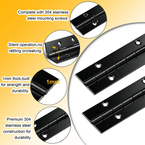 Close-up of Heavy Duty 8 Inch Piano Hinge Continuous Hinges with stainless steel and black finish, showcasing screws and thickness.