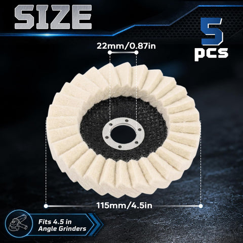 5 Pack Wool Felt Flap Polishing Discs For Angle Grinder Four Point Five Inch By Seven Eighth Inch Arbor High Density Wool Buffing Pads