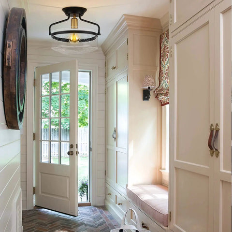 Entryway with Seeded Glass Semi Flush Mount Ceiling Light In Matte Black, 11.2 Inch Shade, Vintage Farmhouse Style