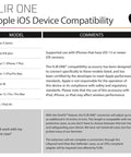 Chart showing Apple iOS device compatibility for FLIR ONE accessory, listing compatible iPhone models for iOS 13 or newer.
