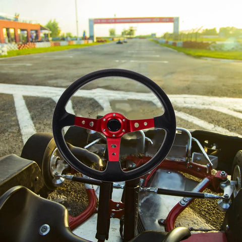 Universal 14 Inch Red PU Steering Wheel for Cars, Golf Carts, Dune Buggies, and Racing Karts with Horn Button on go-kart.