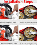 Installation steps for Heavy Duty Tri Head Angle Grinder With 2800W Pure Copper Motor, showing disc securing process.