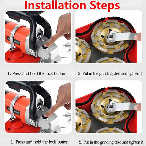 Installation steps for Heavy Duty Tri Head Angle Grinder With 2800W Pure Copper Motor, showing disc securing process.