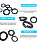 100 Sets Stainless Steel Flat And Spring Washers Kit For Bolts M5 Size Heavy Duty Includes 100 Flat Gaskets And 100 Split Lock Washers Black Zinc Plated Corrosion Resistant Hardware Pack, black M5 washers