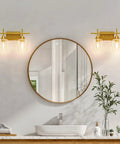 Two Light Brushed Gold Vanity Light With Clear Glass Shades for bathroom over mirror modern wall sconce in sleek setting