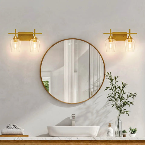 Two Light Brushed Gold Vanity Light With Clear Glass Shades for bathroom over mirror modern wall sconce in sleek setting