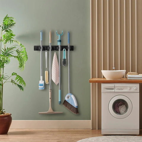 Wall Mount Mop And Broom Holder With Four Slots And Four Hooks For Quick Easy Gear Organization In Pantry Closet And Laundry Room