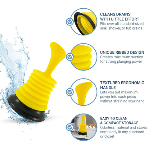 Tiny 7 Inch Sink Plunger With Ergonomic Grip No Sweat Mini Clog Remover For Kitchen And Bathroom Drains Space Saving Design And Heavy Duty Suction Universal Fit For Home Or Commercial Use Bright Yellow with unique ribbed design and textured handle