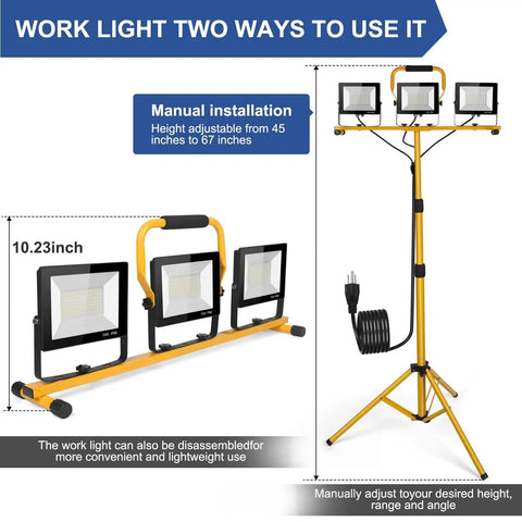 Beastly Bright 21000 Lumen LED Work Light With Tripod Stand Three Adjustable Heads Each With Its Own Switch IP66 Waterproof