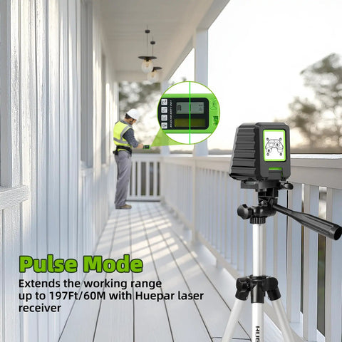 Green Cross Line Laser Level With 26 Inch Tripod, Self Leveling 150 Degree Beam, 150 Ft Indoor Range And 197 Ft Outdoor Pulse Mode, Worksite Ready For Pics, Picture Hanging, Tile, DIY And Construction Projects on porch